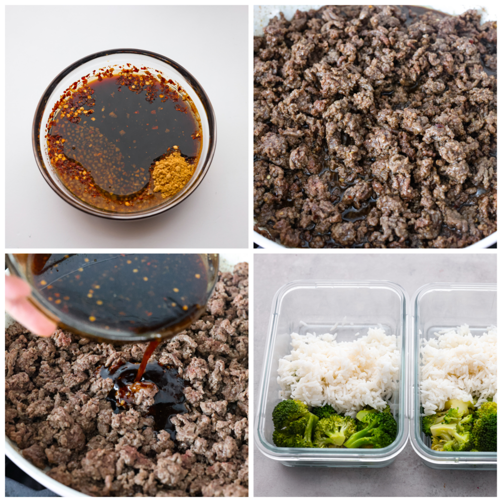 쇠고기를 절인 후 요리하고 식사 준비 용기에 쌀과 야채와 함께 조립하는 4장의 사진 콜라주.