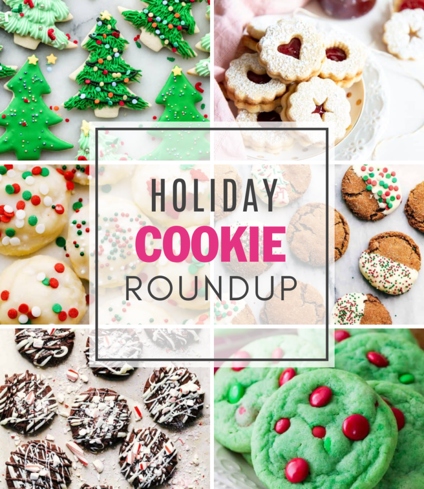 A collage of 6 Christmas cookies with the cords Holiday Cookie Roundup.
