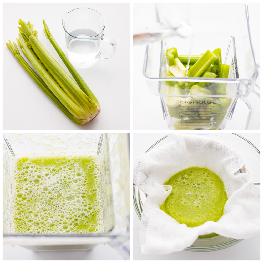 First photo of a stalk of celery and a container of water. Second photo of celery pieces and water added to a blender. Third photo of blended celery and water. Fourth photo of the juice being strained in cheese cloth.
