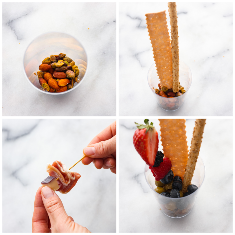 4-photo collage of pistachios and almonds being added to plastic cups and then fruit and meat skewers added in.