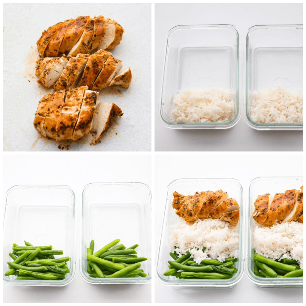 4-photo collage of meal preps being assembled.
