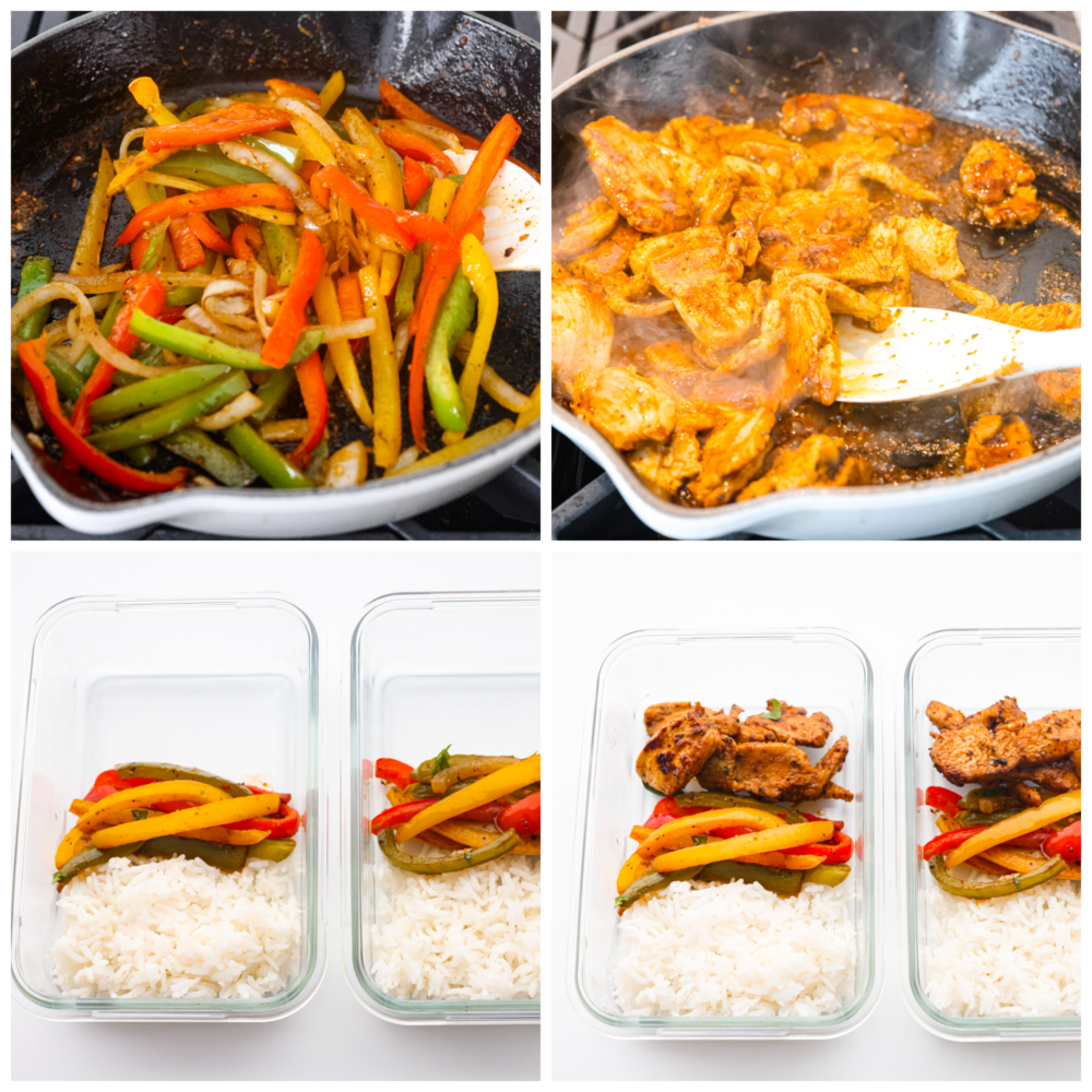 Process photos showing how to cook the veggies, meat and put them in the containers.