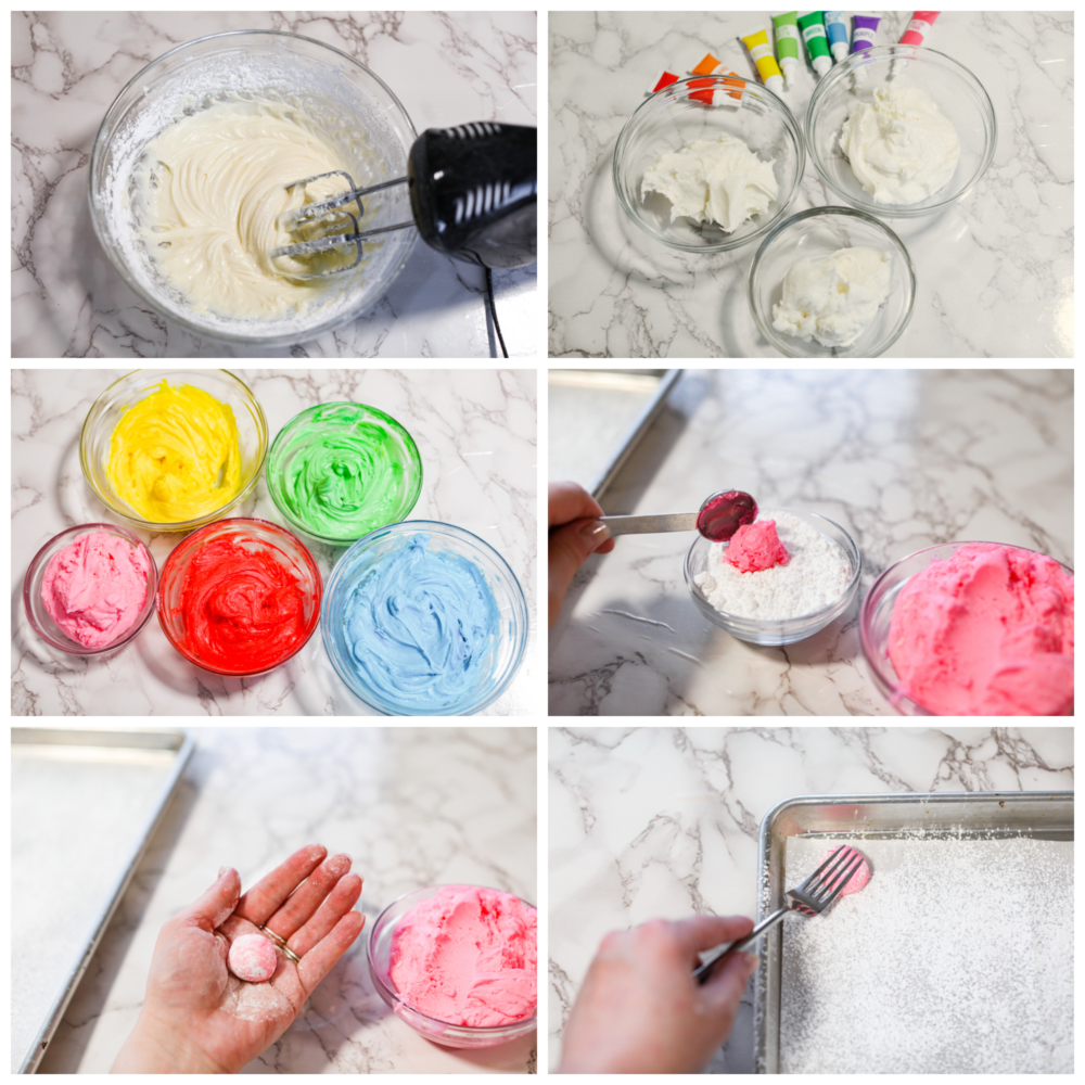 Process photos showing the batter being made in a glass bowl, then separated and colored, then dipped in powdered sugar and rolled, then pressed into shape.
