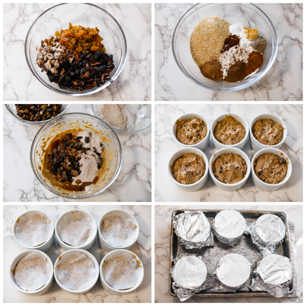 First photo is the dried fruit in a bowl. Second photo is the spices and flour mixture in a bowl. Third photo is the flour mixture combined with the fruit mixture. Fourth photo is figgy pudding in the ramekins. Fifth photo is the ramekins covered in parchment paper. Sixth photo is aluminum foil covering the ramekins of figgy pudding on a baking sheet.