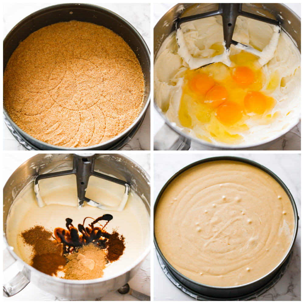 Process photos showing the graham cracker crust in the pan, the batter being made and then poured on top of the crust.