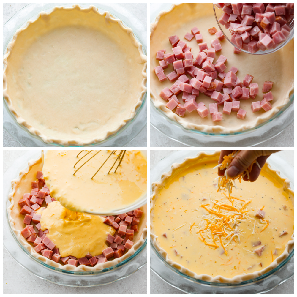 4 pictures showing how to put together a quiche before baking it. 