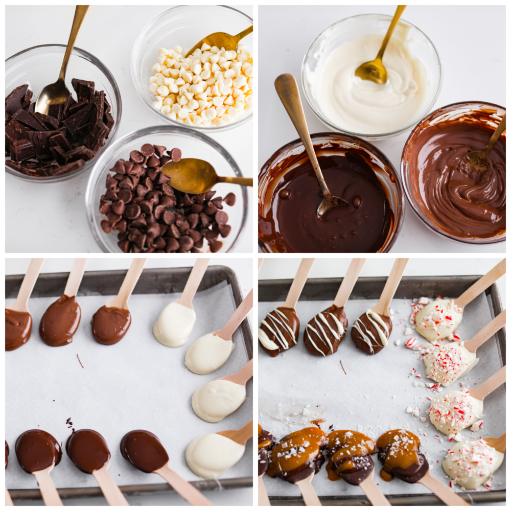4-photo collage of chocolate being melted and added to wooden spoons.