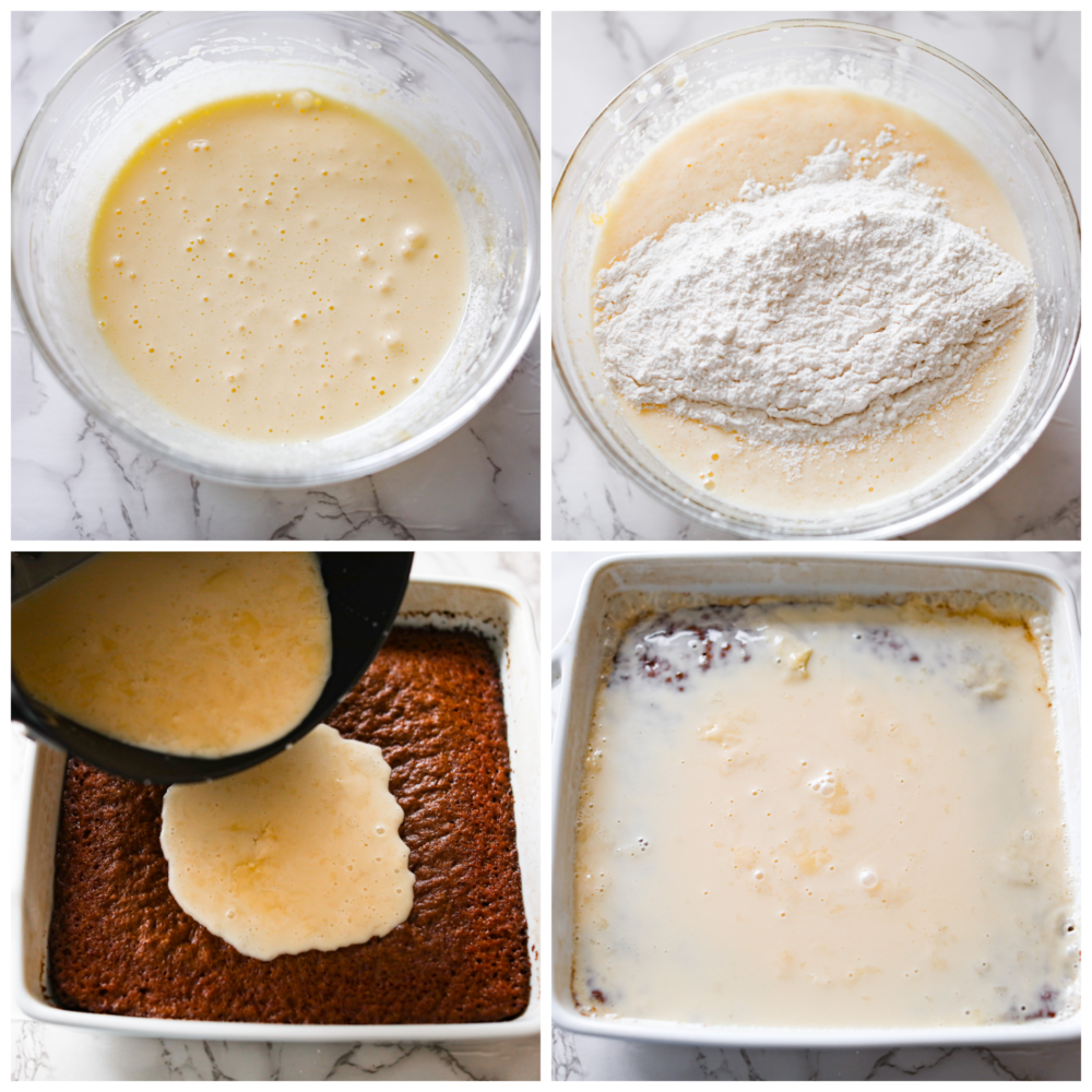Collage de 4 fotos de pastel y glaseado en preparación.