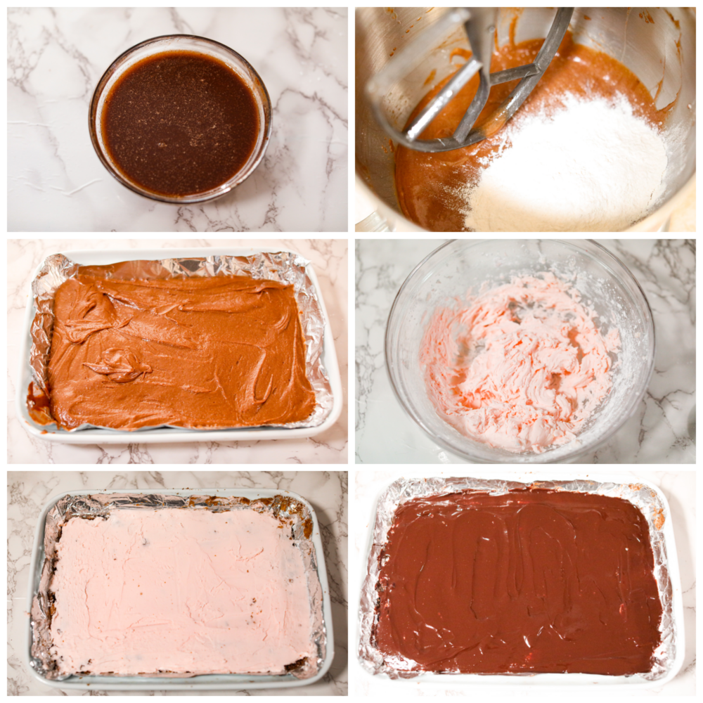 6-photo collage of brownie batter and frosting being prepared.