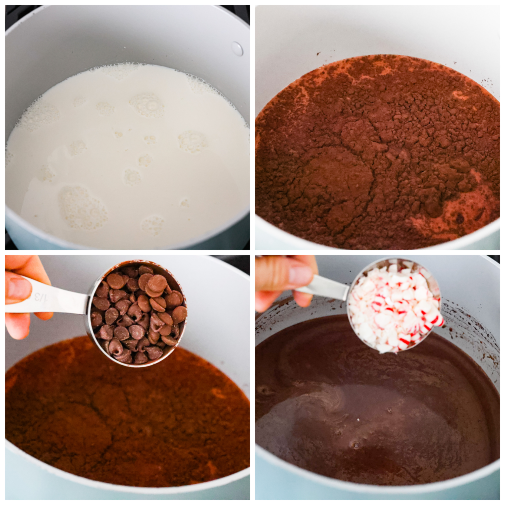 4-photo collage of hot chocolate ingredients being added together.