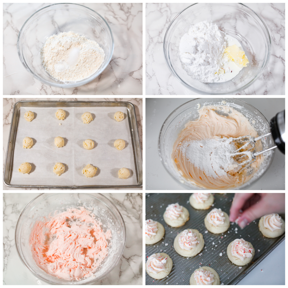 First photo of dry ingredients in a bowl. Second photo of butter and dry ingredients in a bowl. Third photo of the peppermint meltaway dough formed into balls on a baking sheet. Fourth photo of powdered sugar being mixed into the frosting. Fifth photo of the the pink frosting in a bowl. Sixth photo of crushed peppermint candy sprinkled on top of a cookie.