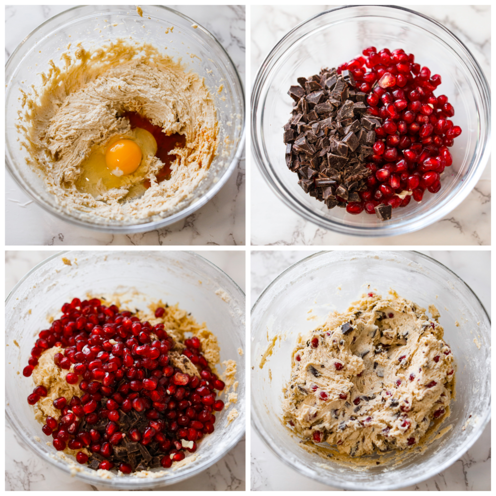 Process photos showing the batter being mixed together in a bowl, then the pomegranate and chocolate chunks being added, and then the batter all mixed together.