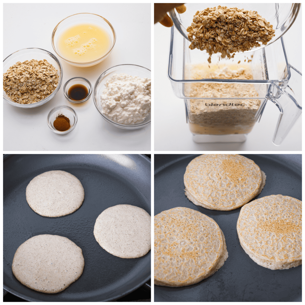 First photo of the pancakes ingredients. Second photo of the oats being poured into the blender. Third photo of pancakes cooking on a skillet. Fourth photo of pancakes flipped and cooked on the skillet.