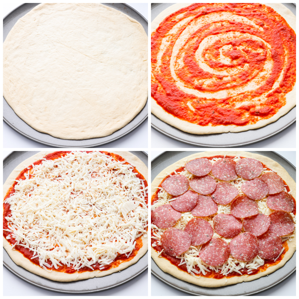 Process photos showing the dough, then sauce added, then cheese and salami.