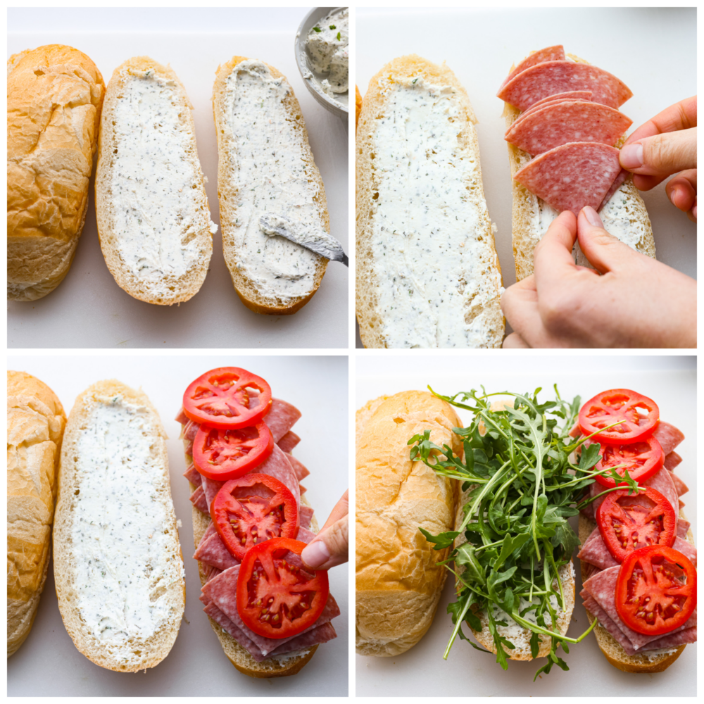 Process photos showing the sandwich being made with cream cheese smear, salami, tomato, and arugula.
