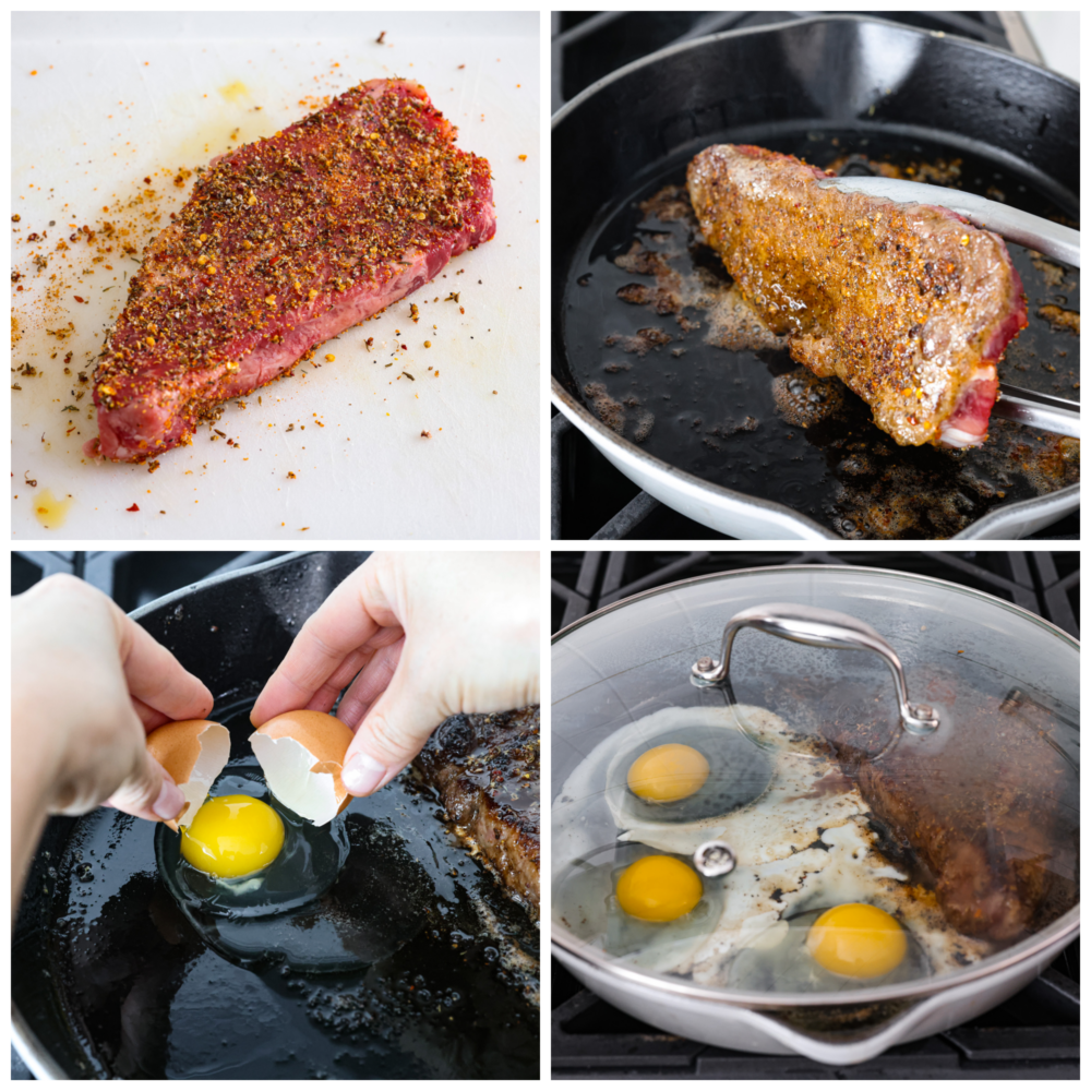 First photo of seasoned steak. Second photo of steak frying. Third photo of an egg being cracked into the pan. Fourth photo of a lid placed on top of the skillet to cook the eggs.
