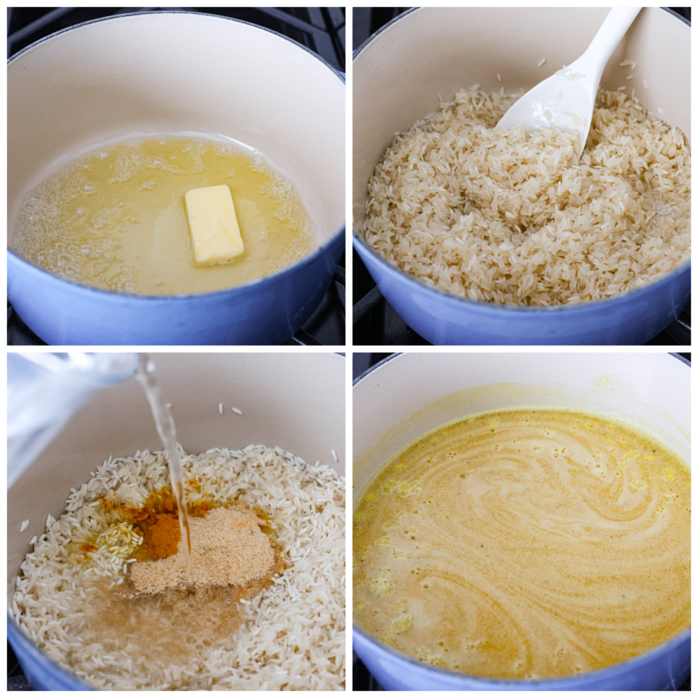Collage di 4 foto della preparazione del riso e della miscelazione di tutti gli ingredienti.