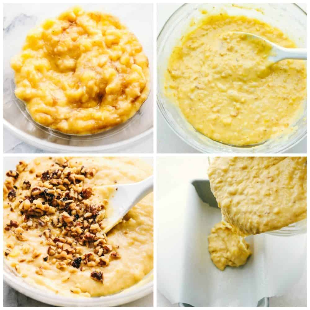 4-photo collage of bread dough being prepared and added to a loaf pan.