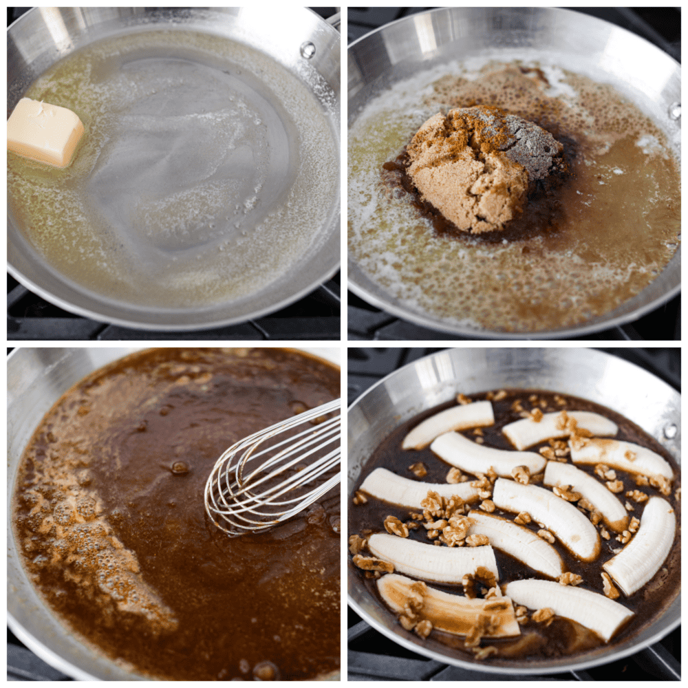 Kahverengi şeker, rom ve tereyağı karışımında pişirilen muzların 4 fotoğraf kolajı.
