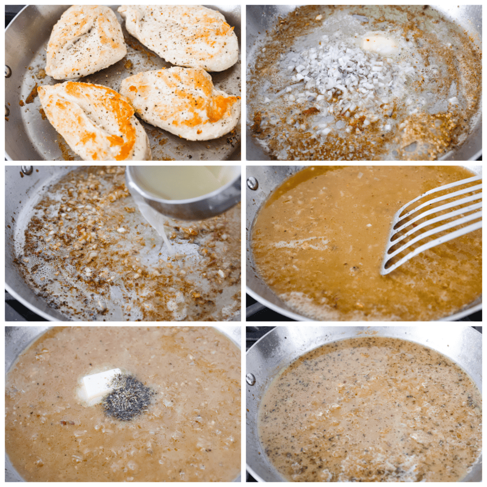 Process photos showing how to sear the chicken, then how to make the sauce in the pan.