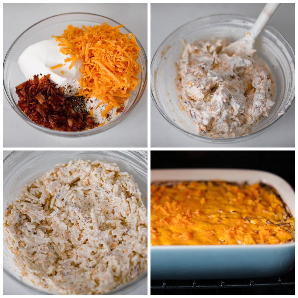 Shredded potatoes being mixed together with cheese and seasonings, then added to a casserole dish.