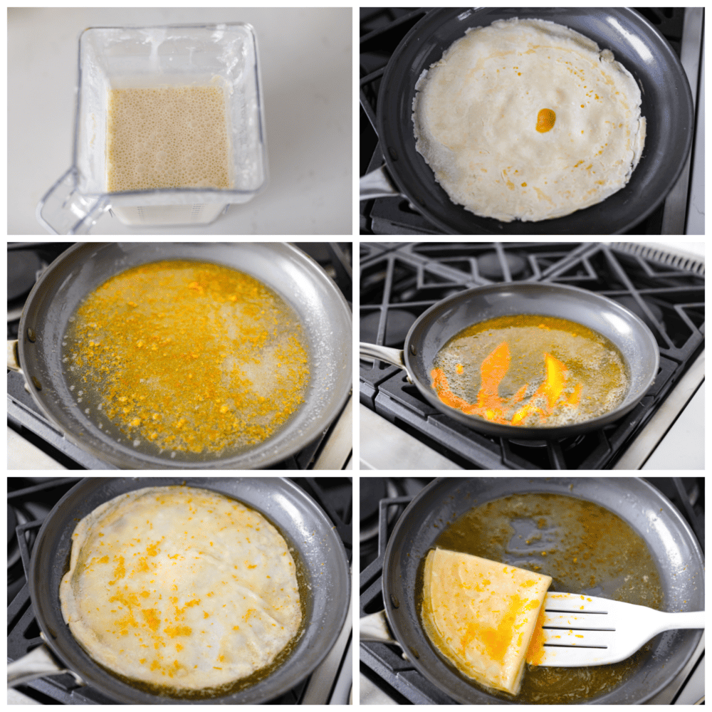 6-fotocollage av crepes suzette som kokas och antänds med apelsinlikör.