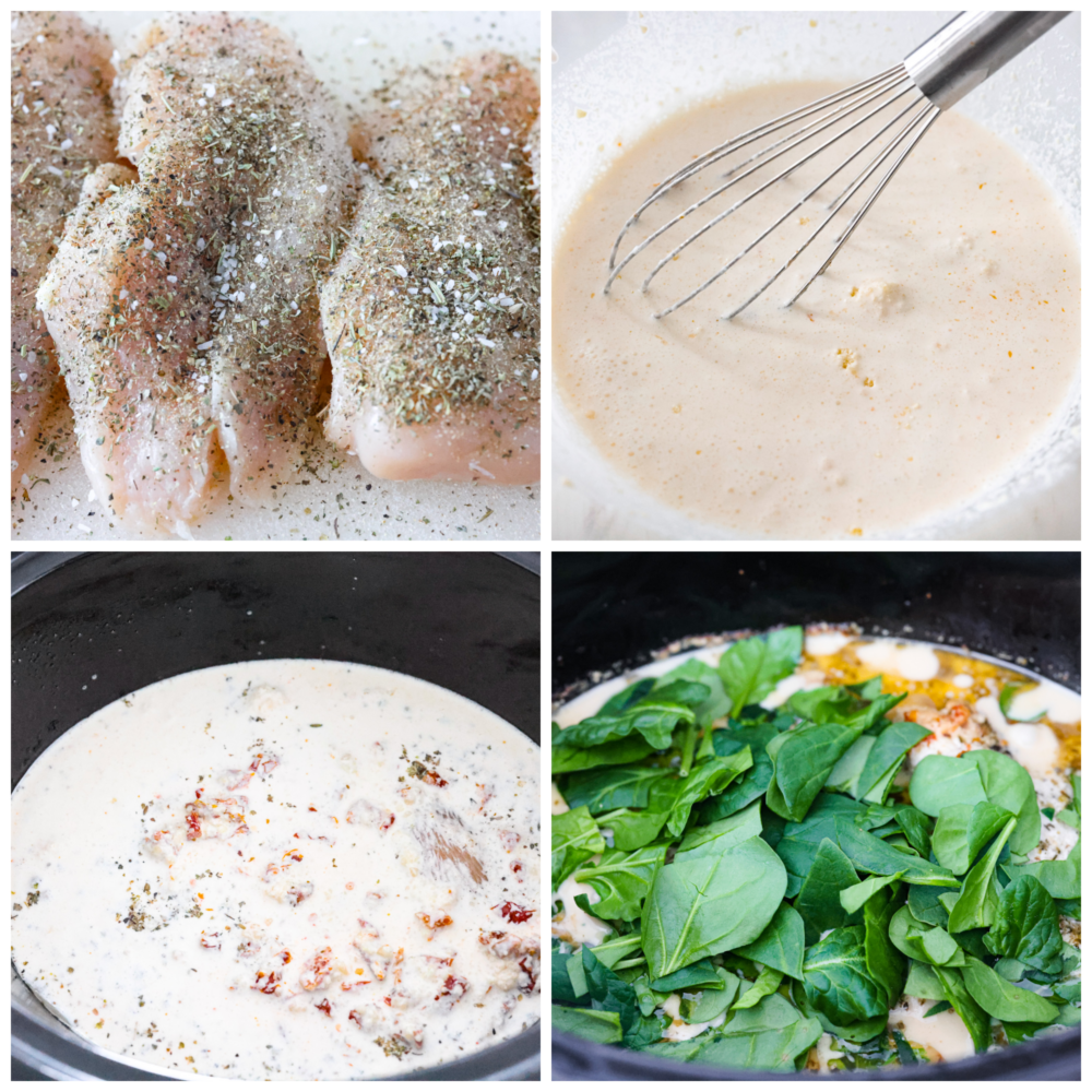 Process photos showing how to season the chicken, make the sauce, and add the spinach.