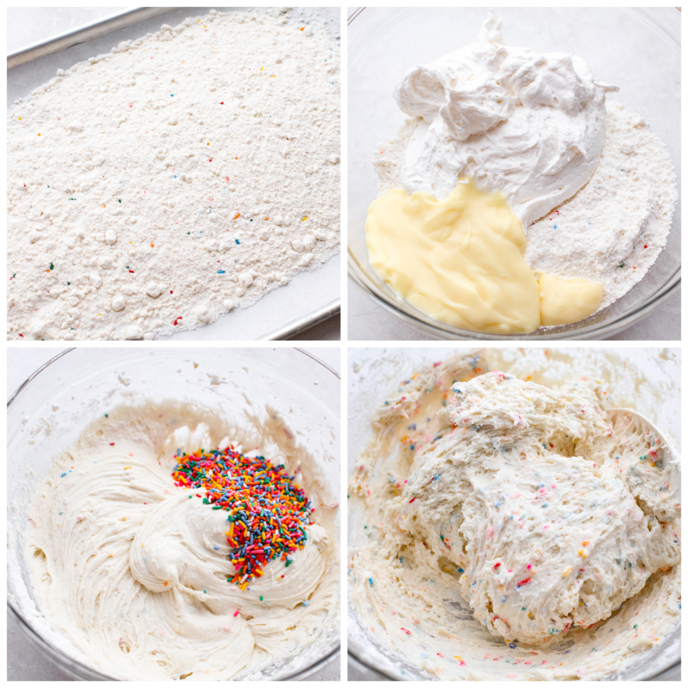 Kek karışımının nasıl pişirileceğini gösteren fotoğrafları işleyin, ardından malzemeleri ekleyin ve karıştırın.
