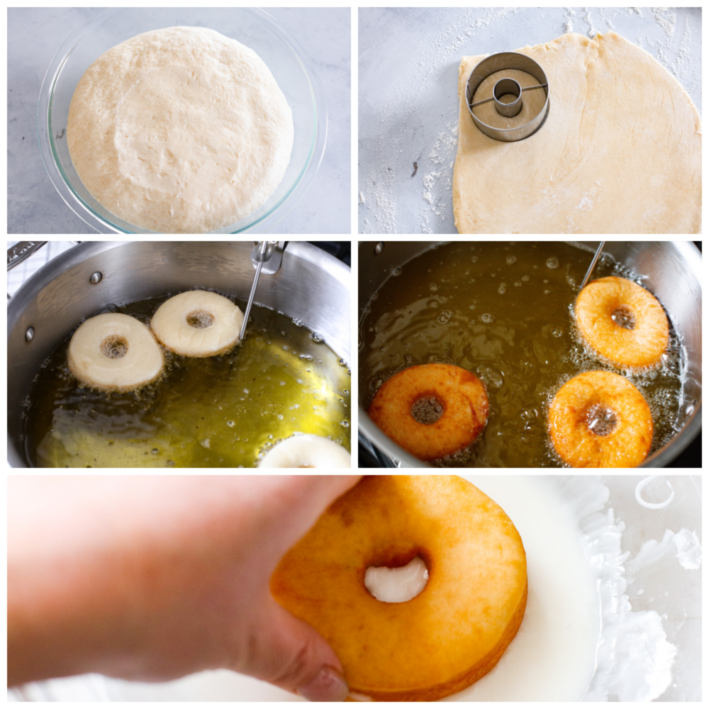 Process photos showing the dough being made and cut out, then fried and glazed.