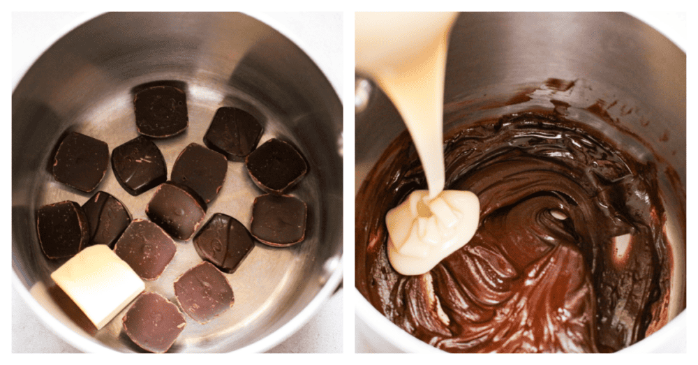 Process photos showing how to heat up the chocolate and add the condensed milk.