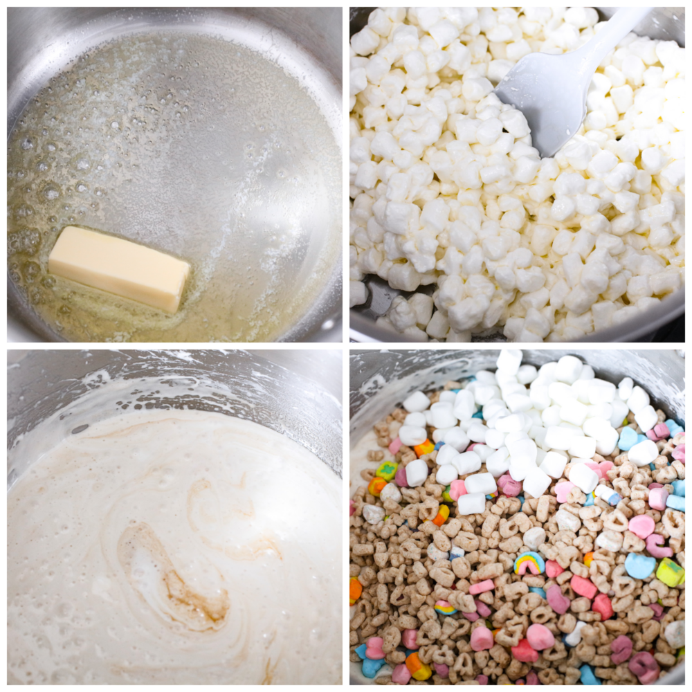 Process photos showing how to melt the butter and marshmallows, then add the cereal.