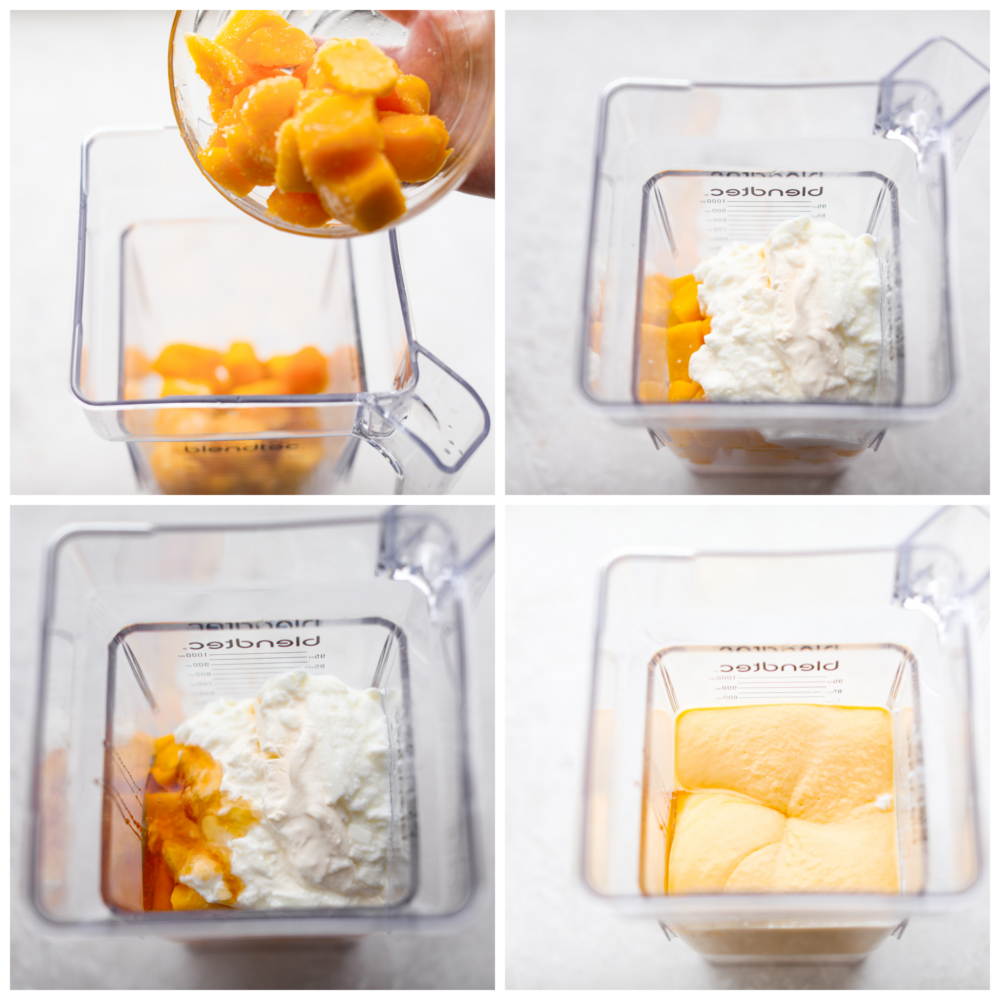 Process photos showing a blender being filled with the ingredients and then blended together.