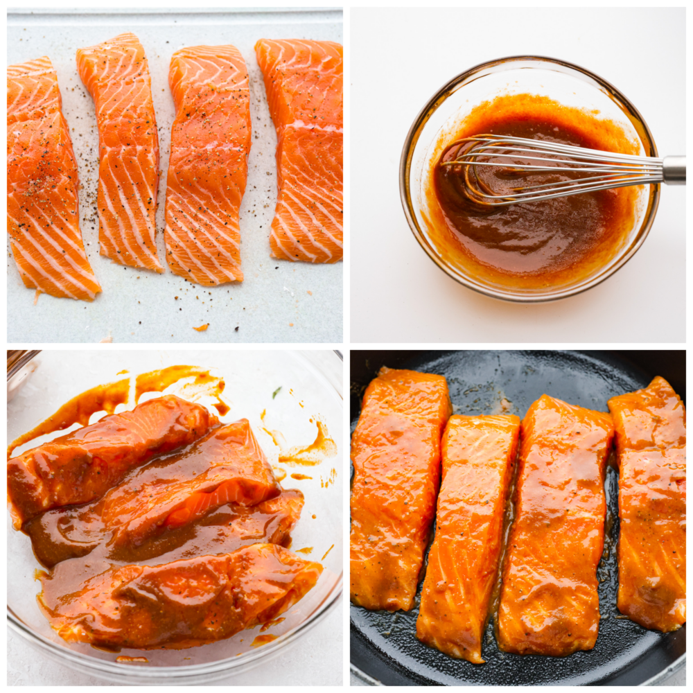 Process photos showing the salmon being seasoned, the sauce being made, the salmon marinading, and the cooking.