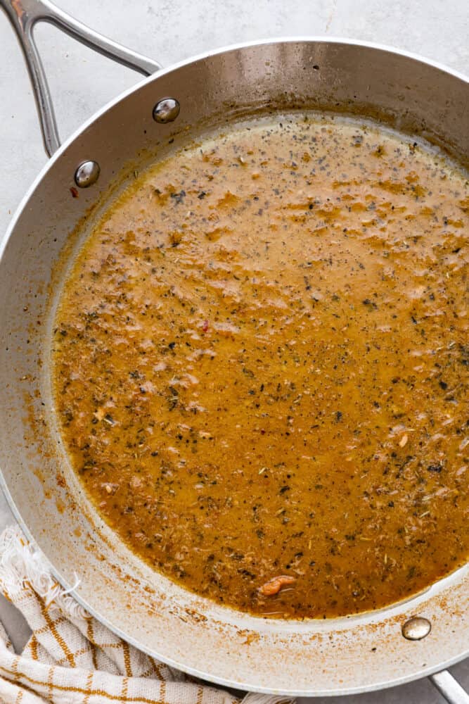 An overhead view of the pan sauce.