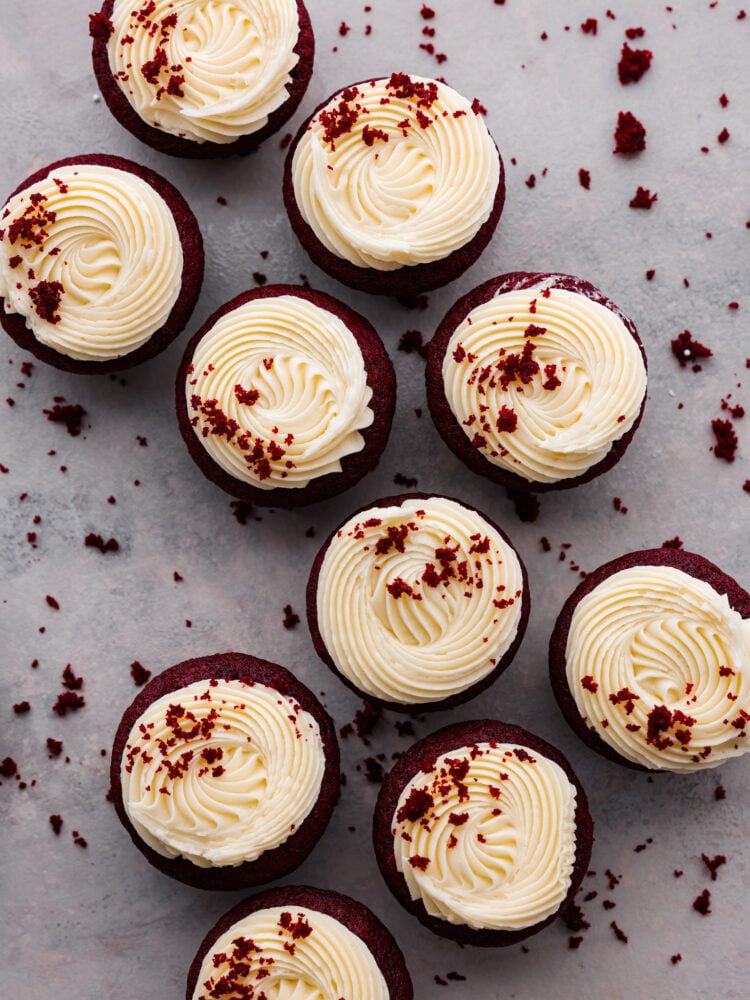Top-down view of red velvet cupcakes.