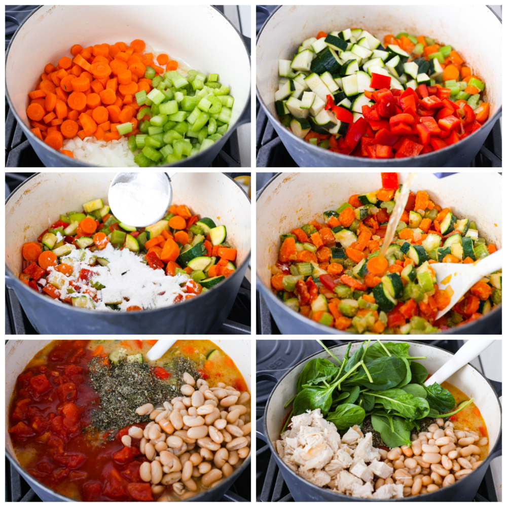 6-photo collage of soup ingredients being added to a large pot.