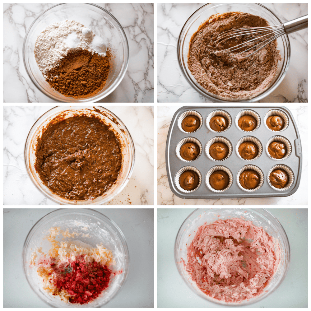 Process photos showing how to combine the dry and wet ingredients, fill the cupcake liners, and make the frosting.