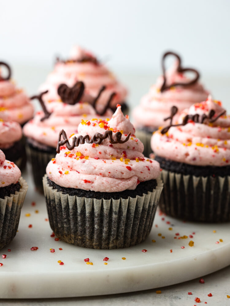 Valentine's Day Cupcakes with sprinkles and chocolate words like amore and I love you.