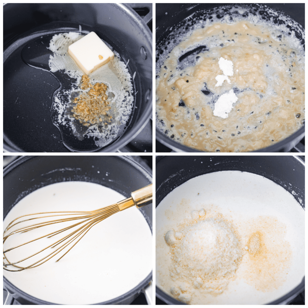 Process photos showing how to make a roux and add in the other ingredients.