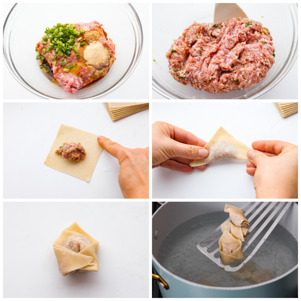 6-photo collage of pork mince stuff widow to wonton wrappers and folded and sealed.