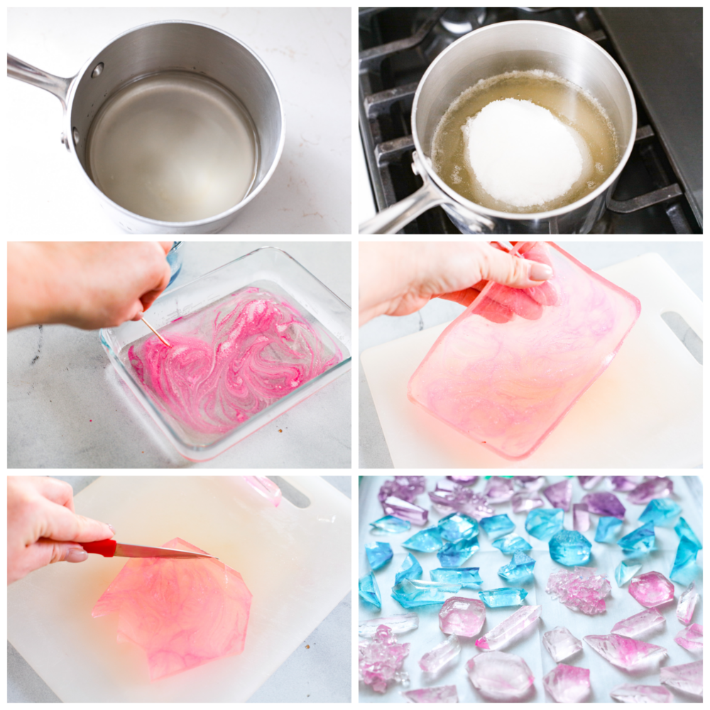 6-photo collage of candy mixture being melted over the stove and then added to the mold.
