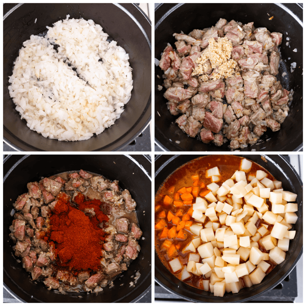 Process photos showing how to make the stew.