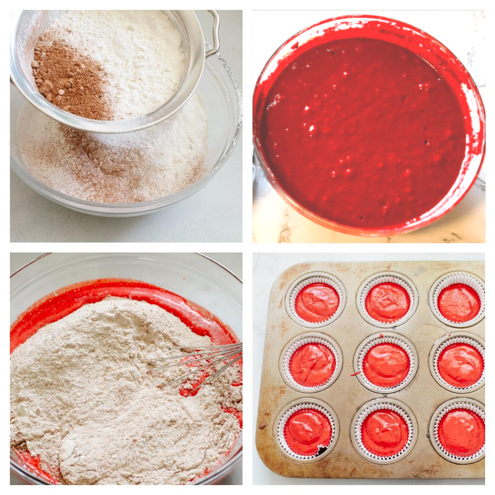 Hamurun kırmızı gıda boyası ile nasıl karıştırılacağını ve ardından kek kalıbına nasıl ekleneceğini gösteren 4 resim.