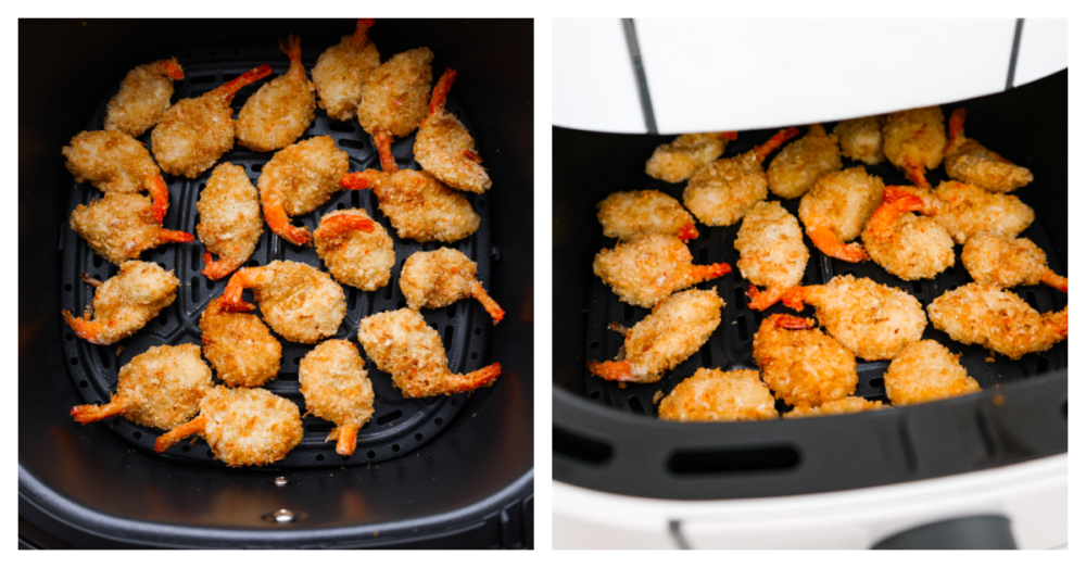 Frozen shrimp are added to the fryer basket.