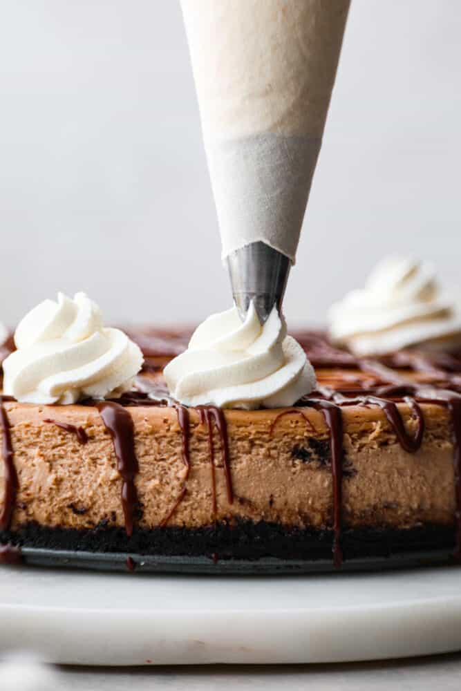 Çikolatalı cheesecake'in üstüne krema sıkılıyor.