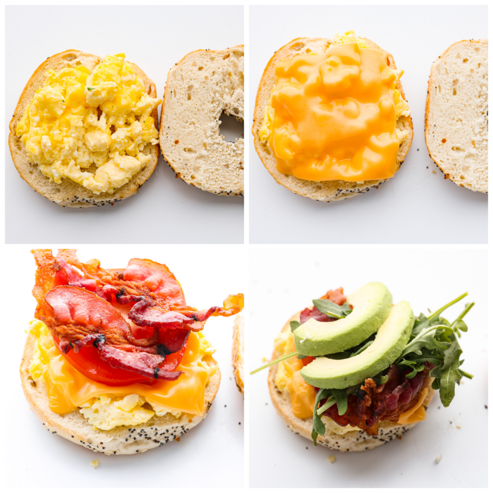 Yumurta, peynir, domuz pastırması ve taze malzemelerin nasıl ekleneceğini gösteren fotoğrafları işleyin.