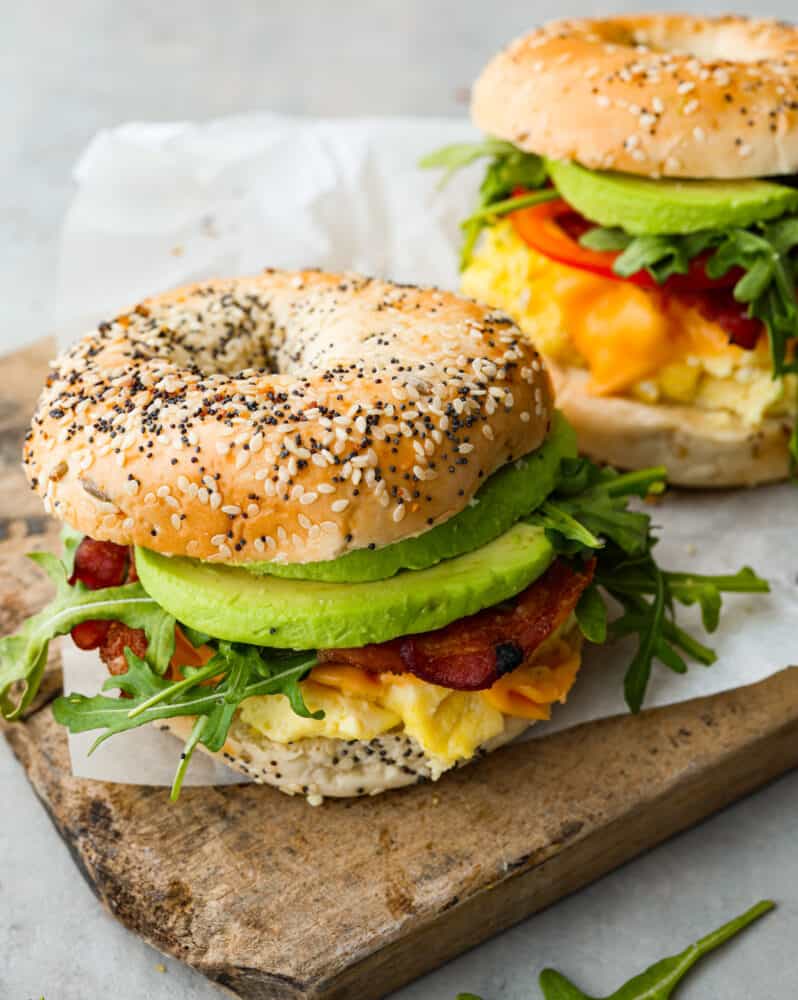 A close up on the bagel breakfast sandwiches.