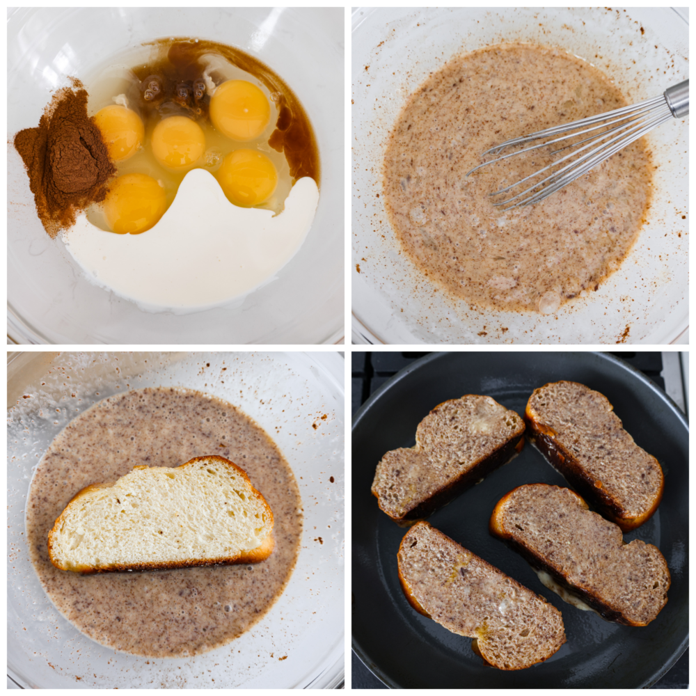 Collage of egg mixture being prepared and bread being dipped in it.