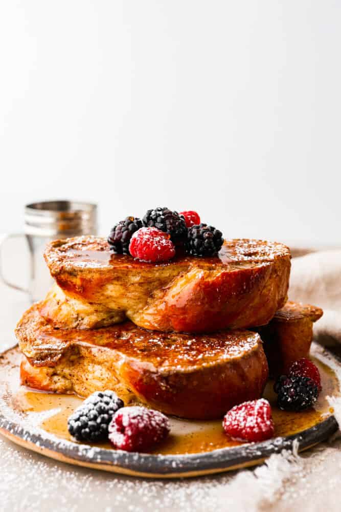 2 slices of brioche French toast stacked on top of each other.