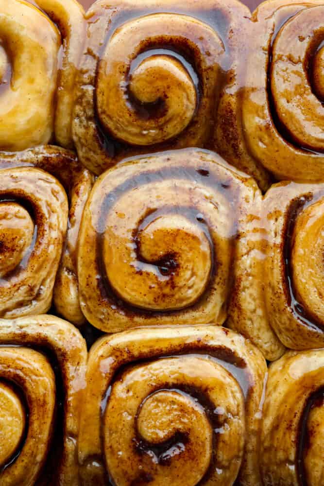 An overhead view of caramel rolls.